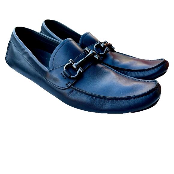 Ferragamo Navy Leather Gancini Loafers – NWOT, Gunmetal Bit, Italian Classic - Picture 4 of 16
